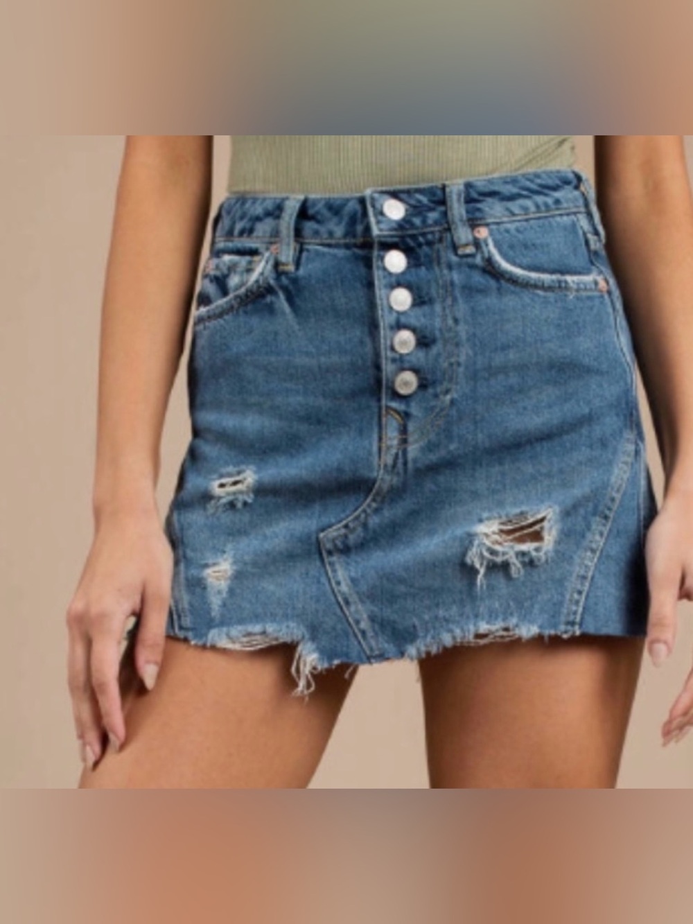 Distressed Blue Denim Mini Skirt with Button Front Distressed Sz 29 a-line 10